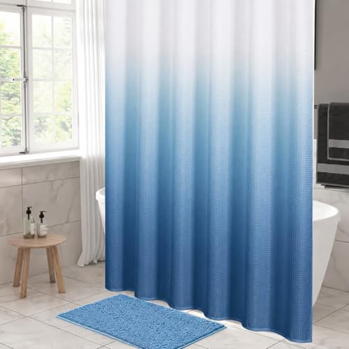 Image of HOMETHREADS Embrace Luxury with Our 6-Feet Long Premium Polyester Shower Curtain with 12 Hooks for a Lavish Bathroom Ambiance | Stylish, Splendid, and Perfectly Sized (White Shade Blue, 180x200cm)