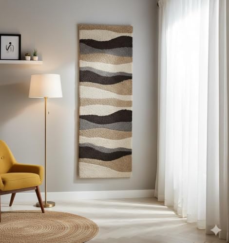 Image of Shaggy Floor Carpet for Living Room, Soft & Fluffy Bedside Runner Rug for Bedroom, Hall, Sofa Area, Elegant Modern Floor Carpet - 2x6 Feet 3D Beige Waves