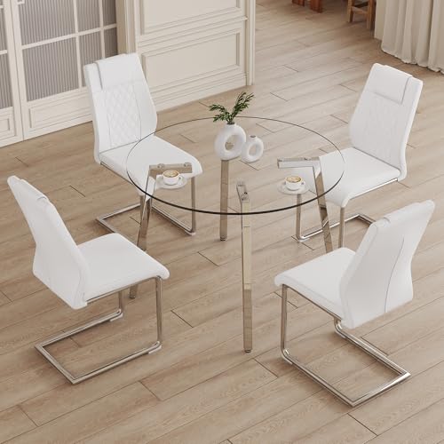 Svmdcu Round Dining Table Set for 4,42” Kitchen Glass Dining Table Set with White Faux Leather Chairs, Clear Glass Table top with Silver Legs, Great for Family Gatherings and potlucks