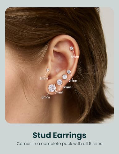 Image of 6 Pairs Stud Earrings Set, Hypoallergenic Cubic Zirconia 316L Earrings Stainless Steel CZ Earrings 3-8mm (Steel color)