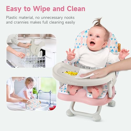 Image of YOLEO Baby High Chair Booster Seat for Dining Table, Foldable High Chairs with Adjustable Heights, Travel Booster Seat with Removable Tray