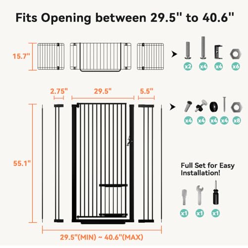 COMOMY 71" Extra Tall Pet Gate for Cats, 29.5-40.6" Extra Wide Cat Gate with Adjustable Cat Door, Pressure Mounted Easy Walk Through Pet Gate with Door for Stairs, Doorways, Kitchen(Black)
