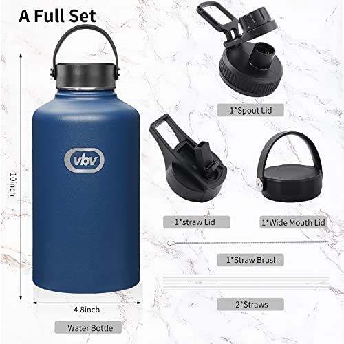 Vbv Insulated Water Bottle - 64 Oz, 3 Lids (Straw Lid), Half Gallon Large Metal Stainless Steel Water Jug, Big Double Wall Vacuum Flask, Leakproof Keep Cold & Hot For Sports And Travel #TOP1
