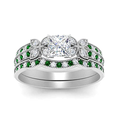 Image of Choose Your Gemstone Milgrain Petal Diamond CZ Wedding Ring Set 925 Sterling Silver Princess Shape Wedding Ring Sets Lightweight Office Wear Everyday Gift Jewelry US Size 4 to 12