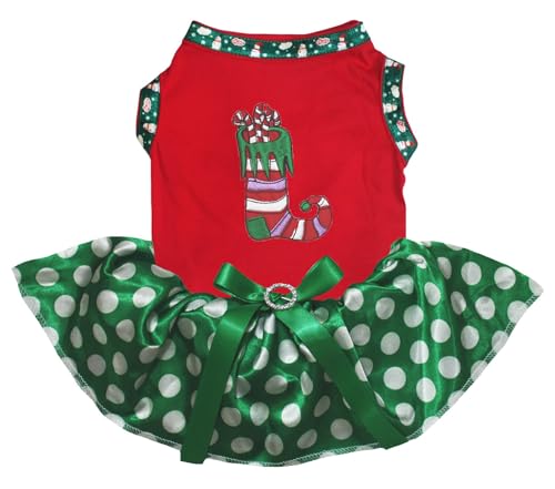 Petitebella Christmas Sock Puppy Dog Dress (Red/Green Dots, X-Large)