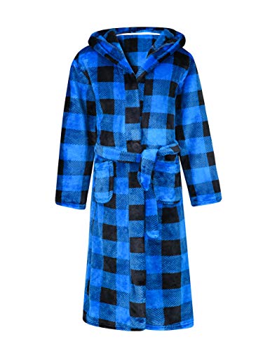 Boys Girls Robe,Toddler Kids Hooded Fleece Bathrobe Sleepwear Pajamas Gifts for Girls Boys(2 Toddler-16 Years) (Blue Black Plaid, 3T)