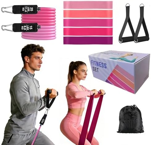 Resistance Band Set, 2 Exercise Bands with Handles & 5 Colored Booty Eexercise B