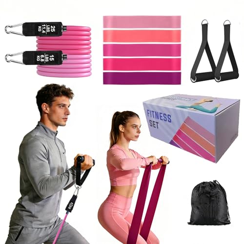 Resistance Band Set, 2 Exercise Bands with Handles & 5 Colored Booty Eexercise Bands & For Heavy Resistance Training, Women & Men Home Workouts, Pilates Yoga Physical Therapy, Gym Fitness Equipment