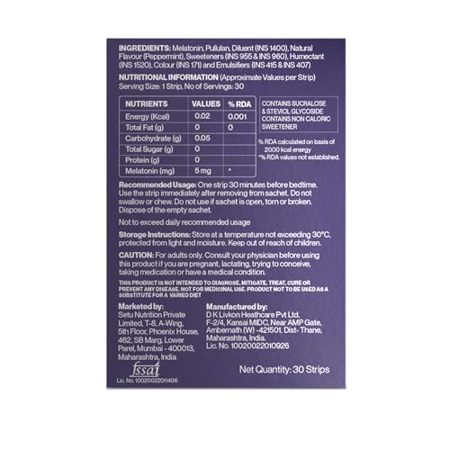 Image of Setu Sleep Restore Melatonin 5mg - 30 Orally Dissolving Strips (Pack of 1) | Plant Based 5 mg Melatonin | Promotes Relaxation & Sleep, Eases Jet Lag Strain, Non-Habit Forming | Tasty Mint Flavor