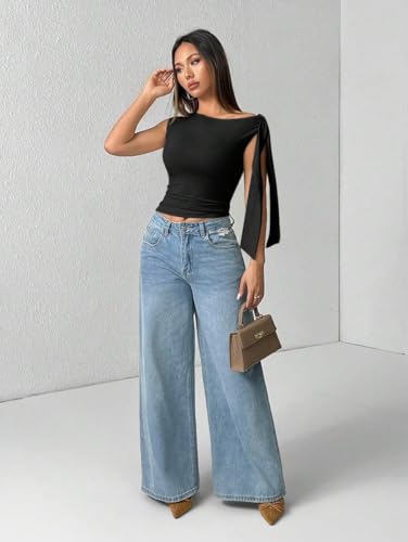 Image of TIVANTE Solid Asymmetrical Shoulder Tie Strap Crop Top for Women