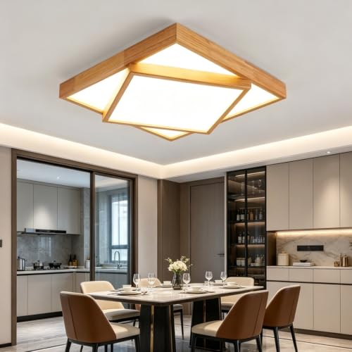 Plafonnier LED bois massif 63cm dimmable avec télécommande pour salon