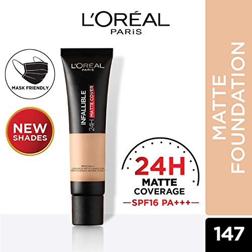 Image of L'Oreal Paris Liquid Foundation, Waterproof, Sweatproof and Heatproof, Oil-Control, Infallible 24H Matte Cover, 147 Neutral Beige, 35 ml (Pack of 2)
