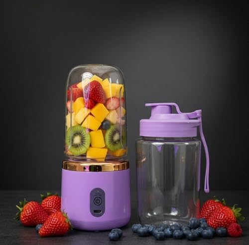 Image of ZENOVIA Portable Juicer Bottle, Purple | Dual Cup, USB Rechargeable Smoothie Maker, Leakproof Mini Juicer, Travel, Gym & Kitchen