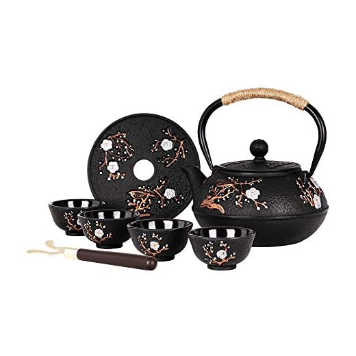 Japanese Style Cast Iron Teapot with 4 Tea Cups Trivet Tetsubin Tea Kettle with Infuser Chinese Iron Tea Set Black Gift for Adults Family Friend (Magpie and Plum Pattern)