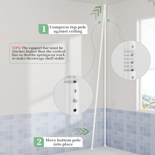 Image of akinbas Tension Pole Shower Caddy Organizer with 4 Tier L-Shaped Rust Resistant Bathroom Corner Shelves with 34-124 Inch Adjustable No Drilling Quick Install Shower Rack for Bath Essentials (White)