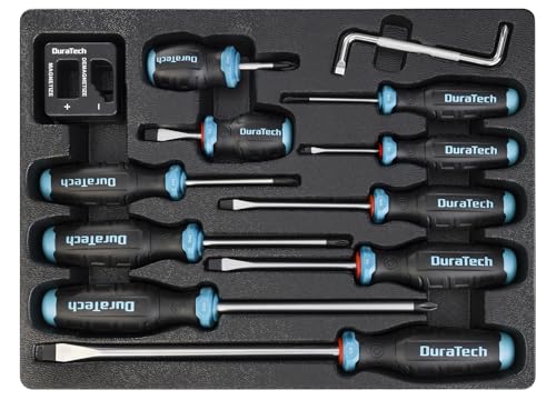 DURATECH 12-Piece Magnetic Screwdriver Set, 5 Phillips and 5 Slotted Tip S2 Alloy Steel Screwdriver Set, 1 pc Magnetizer Demagnetizer, 1 pc CR-V Offset Screwdriver, Storage Tray Included