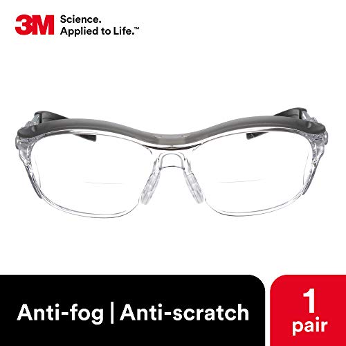 3M Safety Glasses With Readers, Nuvo Readers, +2.0 Diopter, Ansi Z87, Clear Lens, Gray Frame, Soft Nose Bridge, Side Shields #TOP2