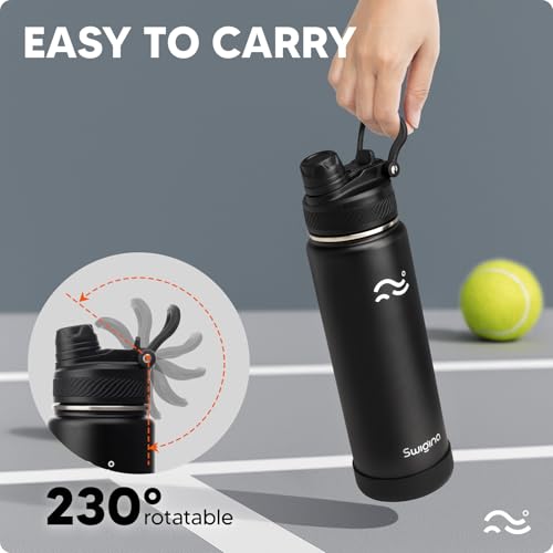 Image of Swigina Insulated Water Bottle with Silicone Boot (36hrs Cold /18hrs Hot) - DIY Stickers, Leakproof, BPA Free, Black, 24 oz [2-IN-1 LID]