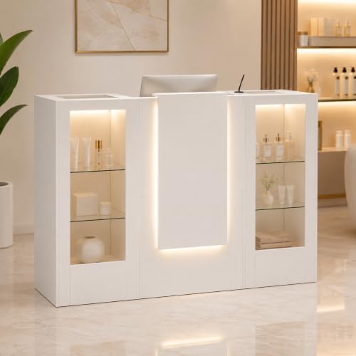 DEZAGCE Comptoir de Réception Blanc avec Barre Lumineuse, Table de Réception avec 2 Armoires et 1 Tiroir pour Bureau, Hôtel, Magasin, Supermarché - Taille Universelle [Classe énergétique C]