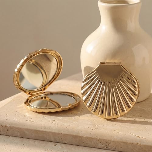 Novabright 1 Pcs 2.7 Inch Sea Shell Compact Mirror Double-Sided Makeup Small Mirror for Purse with 1x/2x Magnification for Travel Bathroom Makeup Beauty Grooming (Gold)