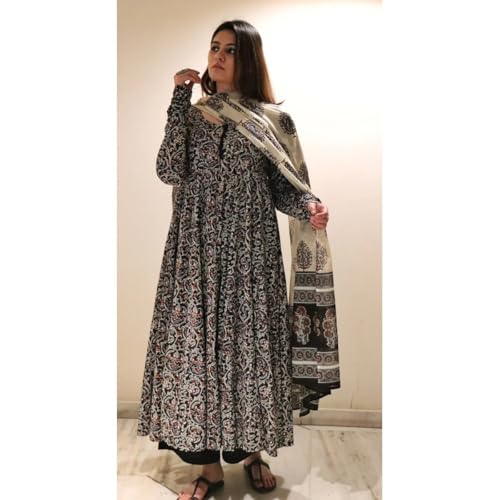 Image of Nermosa Women Printed Anarkali Kurta and Pant Set with Dupatta | Printed Kurta Set | Cotton Suit | Women Kurta Sets |