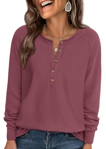 Image of PRETTYGARDEN Women's Long Sleeve Waffle Knit Henley Shirts