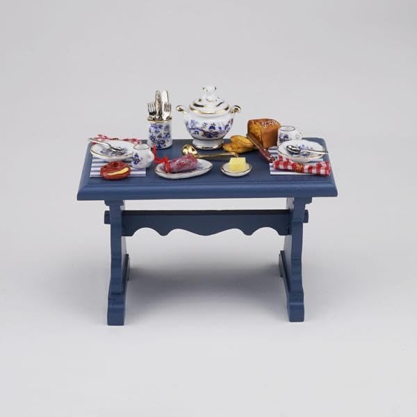 Table de salle à manger en bois bleu haut de gamme et son piétement oignon doré