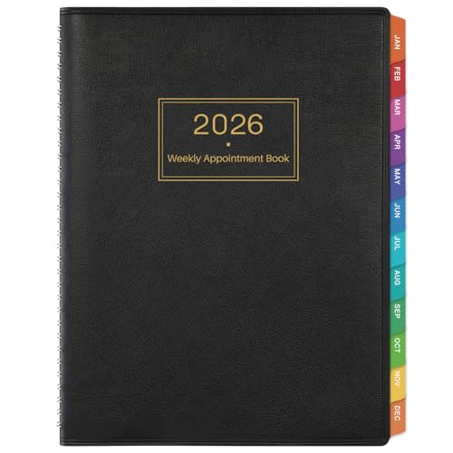 Artfan Kalender 2026 mit Zeit, Zeitplan mit 15-Minuten-Zeitplan, 21,8 x 29 cm, weicher Kunstlederbezug, Terminkalender mit Ringbindung, Schwarz