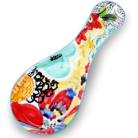 Colorful Hand Painted Spoon Rest - Ceramic Large Spoon Holder for Kitchen Counter Stove Top, Dishwasher Safe, Multicolor (2 Pack) Cover