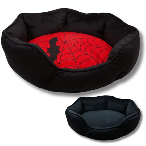 THROONI Gothic Cat Bed 20 Inches Reversible Red and Black Cat Bed for Indoor Cats Super Soft Plush Pet Bed with Cozy Spider Web Pillow and Secure Non-Slip Bottom