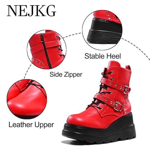 Women's Gothic Punk Ankle Boots, Black, Round Toe, Lace-Up, Combat, Wedge Heel, Casual, All Seasons3