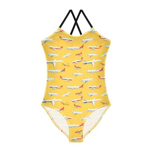 senya Girls Swimsuits One-Piece Swimwear Tie Bathing Suit Beach Summer Round Neck 5-6T Airplane Yellow Background Pattern