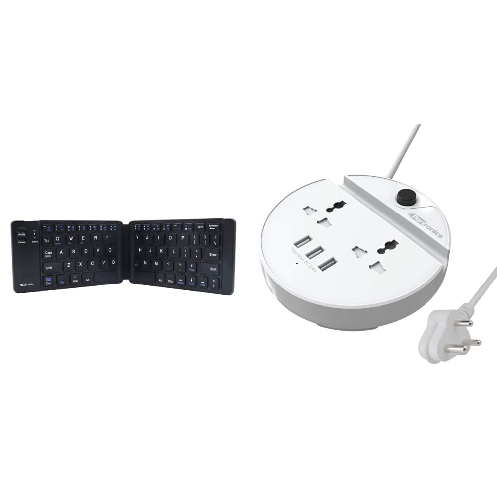 Portronics Chicklet a Foldable QWERTY Keyboard, Mini Pocket Sized, Rechargeable & Power BUN, a Surge Protector with 2 AC Outlets and 3 USB Charging Ports Plus a Phone Docking Station