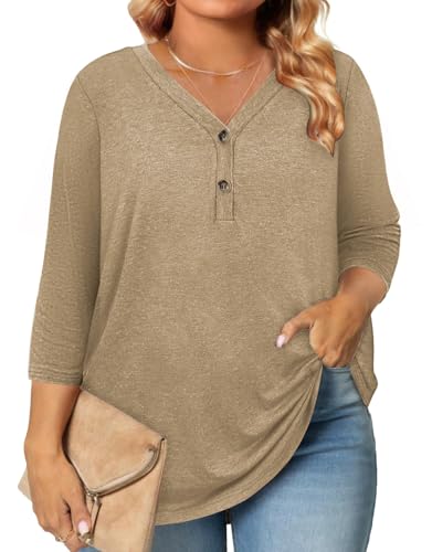 Summer Boho Tops Plus Size Clothes for Women Beach Vacation Fashion Spring Clothing Blouses Dressy Casual Trendy 3/4 Length Sleeve Button Down Henley V Neck T Shirts Holiday Outfits 2026 Beige 2XL