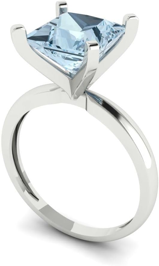 Clara Pucci 14K Solid Gold Engagement Ring for Women | 3 cttw Blue Diamond Princess Cut Solitaire | Real White Gold Wedding Ring