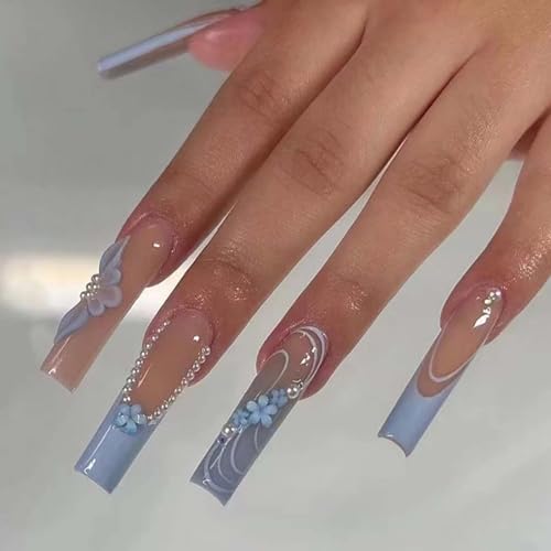 Long Square False Nails 3D Daisy Pearls Nails Tips Gradient Blue ...