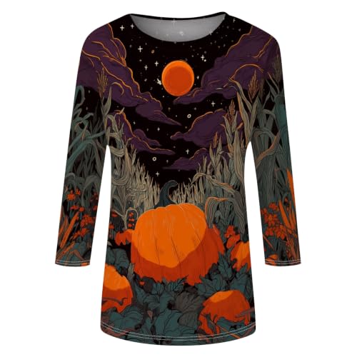 Image of Women Spooky Halloween Graphic Shirt 3 /4 Length Sleeve Crewneck Top | Halloween Funny Printed Pumpkin Plus Size Tshirts 2026 Fall Outfits Skeleton Tee Going Out Tops