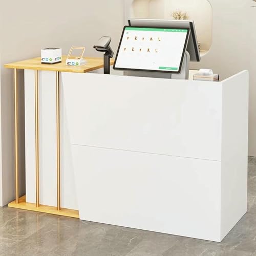 Moderno escritorio de recepción al por menor, altura ajustable, mostrador frontal con almacenamiento con cerradura, elegante estación de trabajo de oficina con superficies altas y bajas para servicio