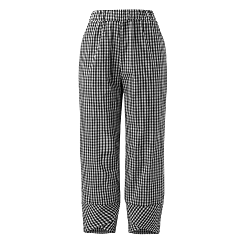 Loose Fit Womens Dress Capris Summer Linen Womens Capris For Summer Casual Plus Size With Pockets Elastic Plaid Crop Black #TOP3