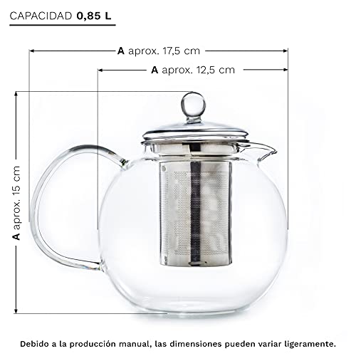 Creano Tetera de vidrio, tetera de vidrio de 3 piezas con colador de acero inoxidable integrado y tapa de vidrio, ideal para preparar tés sueltos, sin goteo, todo en uno Acero inoxidable 0.85L - Imagen 3