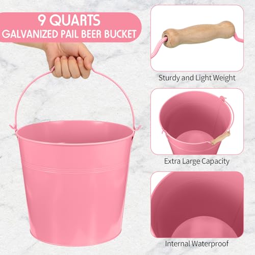 Image of Didaey 12 Pcs 9 Quart Large Galvanized Metal Buckets with Handle Inch Heavy Duty Stainless Steel Pails Round Pail for Party Wedding, Crafts, Utensils, Table Centerpieces (Pink)
