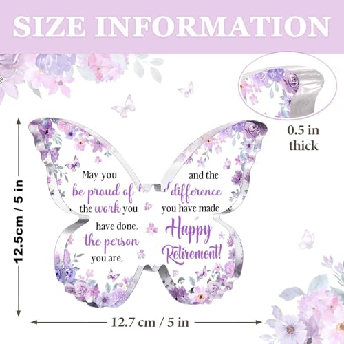 Image of Gifzy Unique Retirement Gift for Woman Men, 5x5x0.5 Inch Purple Butterfly Acrylic Plaque Decor with Warm Words, Best Retirement Gifts for Coworker Teacher Friend Nurse Boss