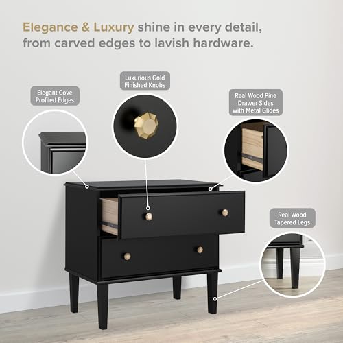 Image of Prepac Lux Nightstand Bedside Table, Black Nightstand for Bedroom, End Table with 2 Drawers 16 inch D x 27.75 inch W x 25 inch H, BDNR-2302-1