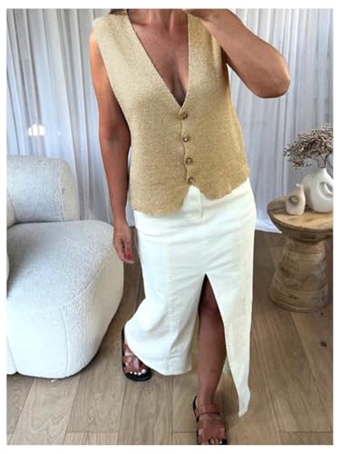 GORGLITTER Women's Crochet Button Down Vest Tops Summer Sleeveless Knit Cardigan Cowboy Chic Oufits4