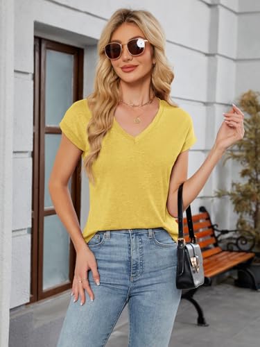 YOKGO Womens Summer Tops Short Sleeve V Neck T Shirts Basic Tees Cap Sleeve Shirts Casual Trendy Work Business Clothes 2026 Yellow — view 5