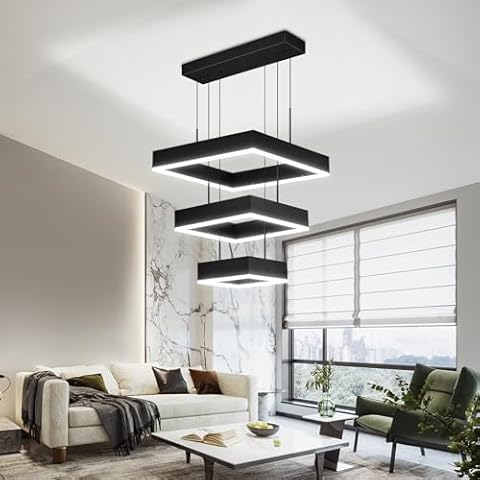 FDPBY Modern LED Chandelier 3 Ring Dimmable Square Black Chandelier Adjustable Pendant Ceiling Light Fixture Foyer Chandelier Lighting Fixture for Dining Room Bedroom Living Room Cover