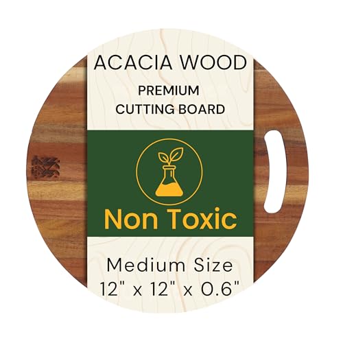 Tabla de Cortar Redonda Premium de Madera de Acacia con Mango para Queso, Pizza, Pan y Frutas, Tabla Ligera de Madera Maciza de 30 cm x 30 cm x 1.4 cm, No Tóxica, Libre de BPA y Sin Plástico de New M Way miniatura 1