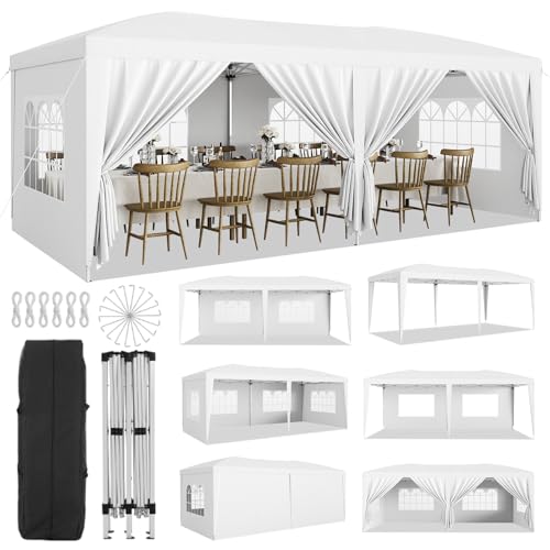 10x20 Heavy Duty Pop Up Canopy Tent with 6 Removable Sidewalls, Easy Up Commercial Canopy Tents for Parties, Large Outdoor Canopies with 3 Adjustable Heights, Stakes X18, Ropes X6,White