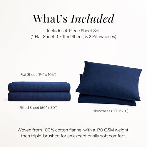 Image of Tribeca Living Triple Brushed Soft Cotton Flannel Sheets Set, Queen Size 170-GSM Weight Extra Deep Pocket Sheet in Solid Dark Blue Color