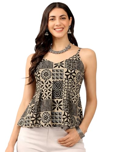 Image of Pinkmint Women Pure Cambric Cotton Printed Peplum Top | Sleeveless Spaghetti Strap Summer Casual Top for Women & Girls